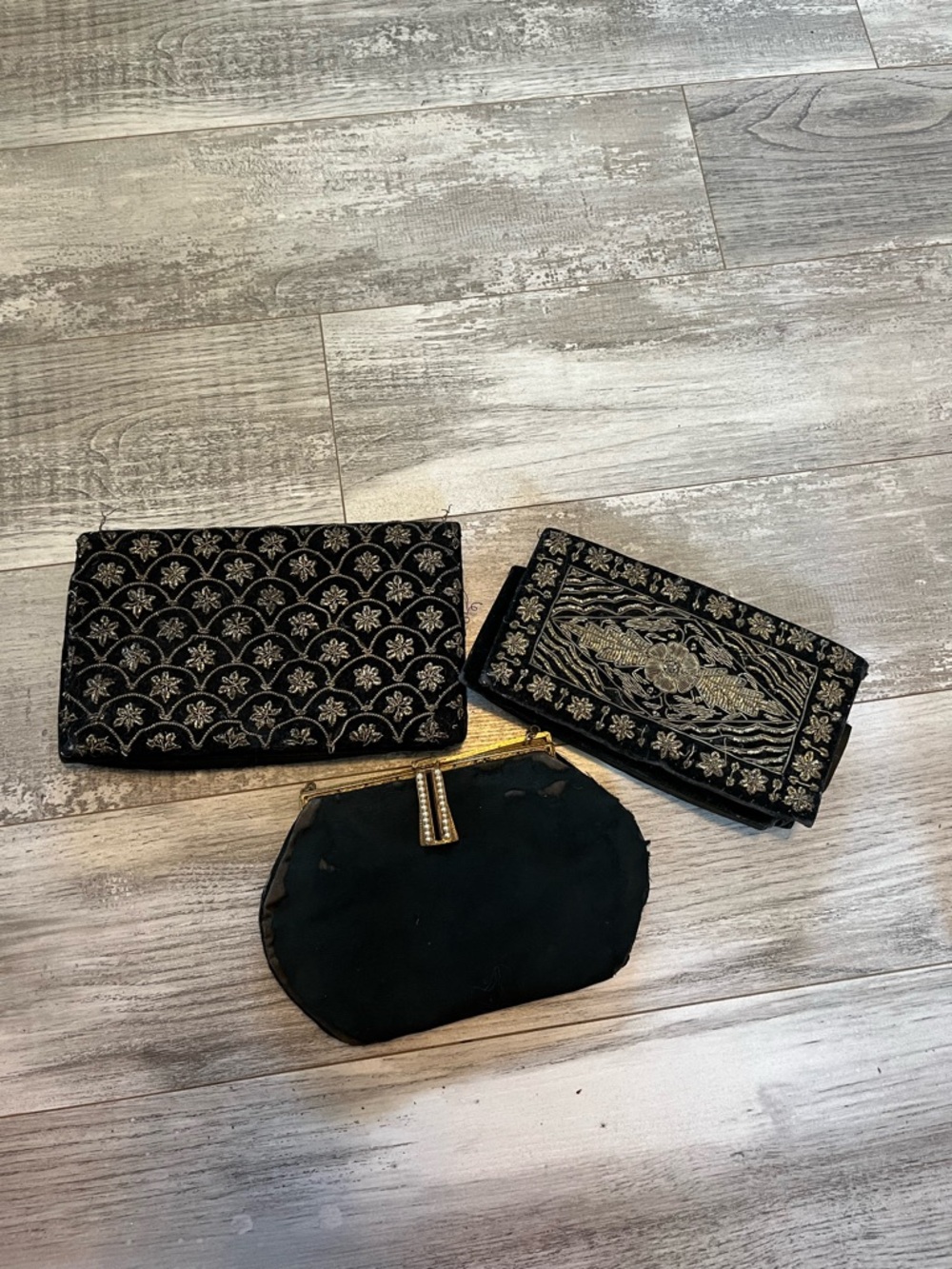 Vintage Black Embroidered Evening Clutch Collection with Gold Accent